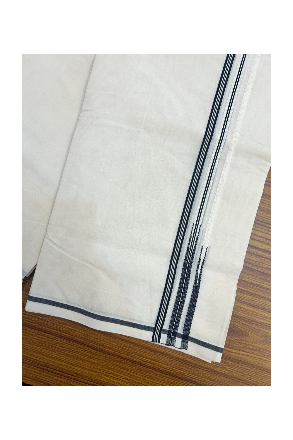 27% DISCOUNT!! KaithariKada Balaramapuram 100% Cotton off white Double - (Unbleached) Mundu/Dhoti-100x100 Puliyilakkara Double Chutty 0.25 inch Black Striped Kara 3.75 mtr (8 Muzham)- 3KK5168ASH