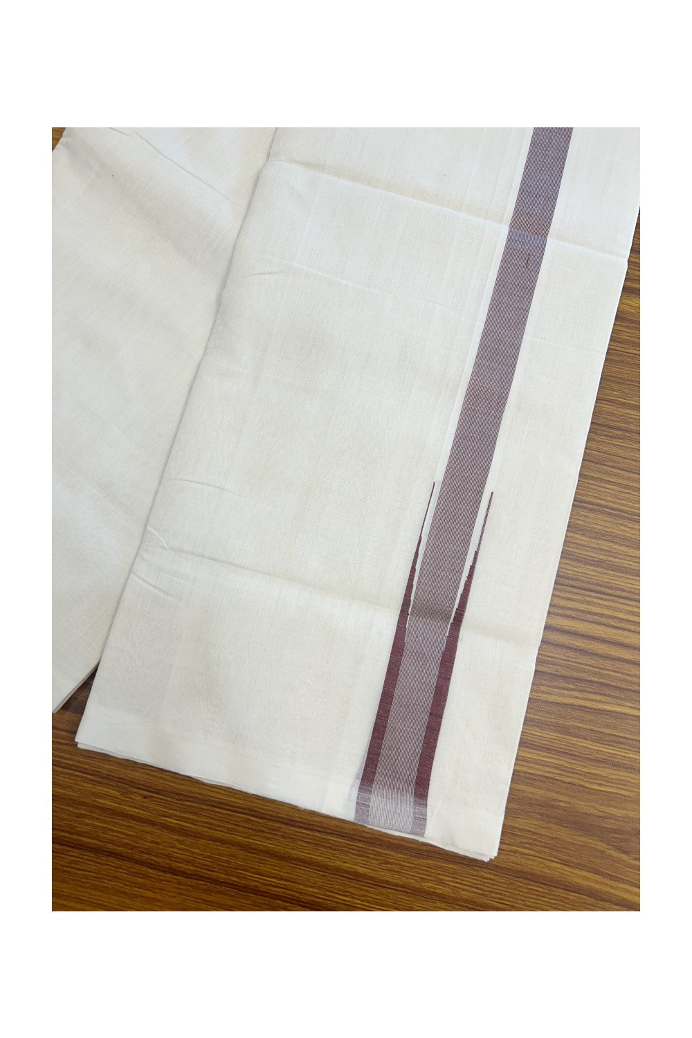 25% DISCOUNT! KaithariKada BALARAMAPURAM HANDLOOM MILLPAAV - 100% PURE Cotton Off white (Unbleached) Double Mundu/Dhoti - 1.25 inch Dark Maroon & Silver Kasav Chutty Kara - 10KK5170RAM