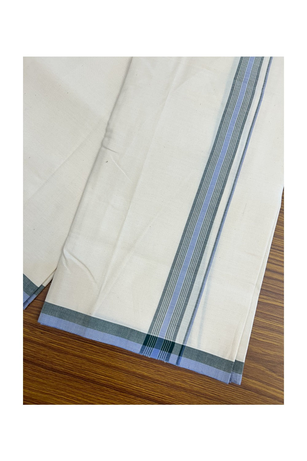 25%DISCOUNT!! SIGNATURE KAITHARIKADA EXCLUSIVE SINGLE DHOTI - 100% Cotton Balaramapuram HANDLOOM Single Mundu/Dhoti - Off White - (Unbleached) 1.25 inch Green & Lavender Striped Kara (2 meter / 4 muzham)- 3KK5173KAI