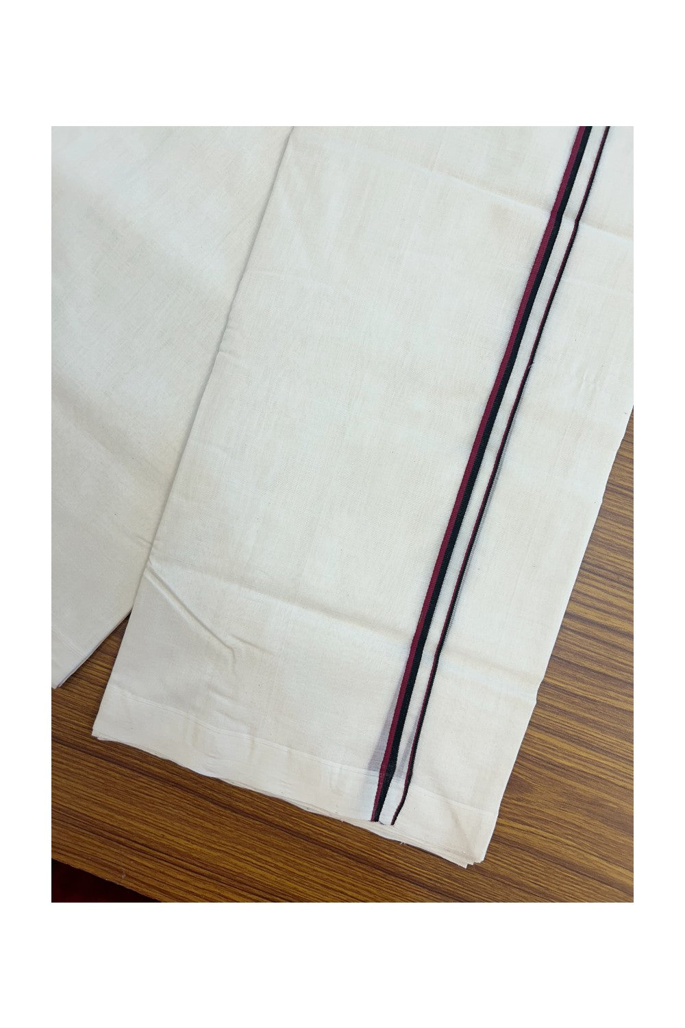 Dmk Veshti - 25% Discount!!! KaithariKada Handloom Unakkupaav Balaramapuram - 100% Pure Cotton Off White (Unbleached) Double Mundu/Dhoti - 0.75 inch Light Maroon & Black kara Dmk - 3KK5175RAM