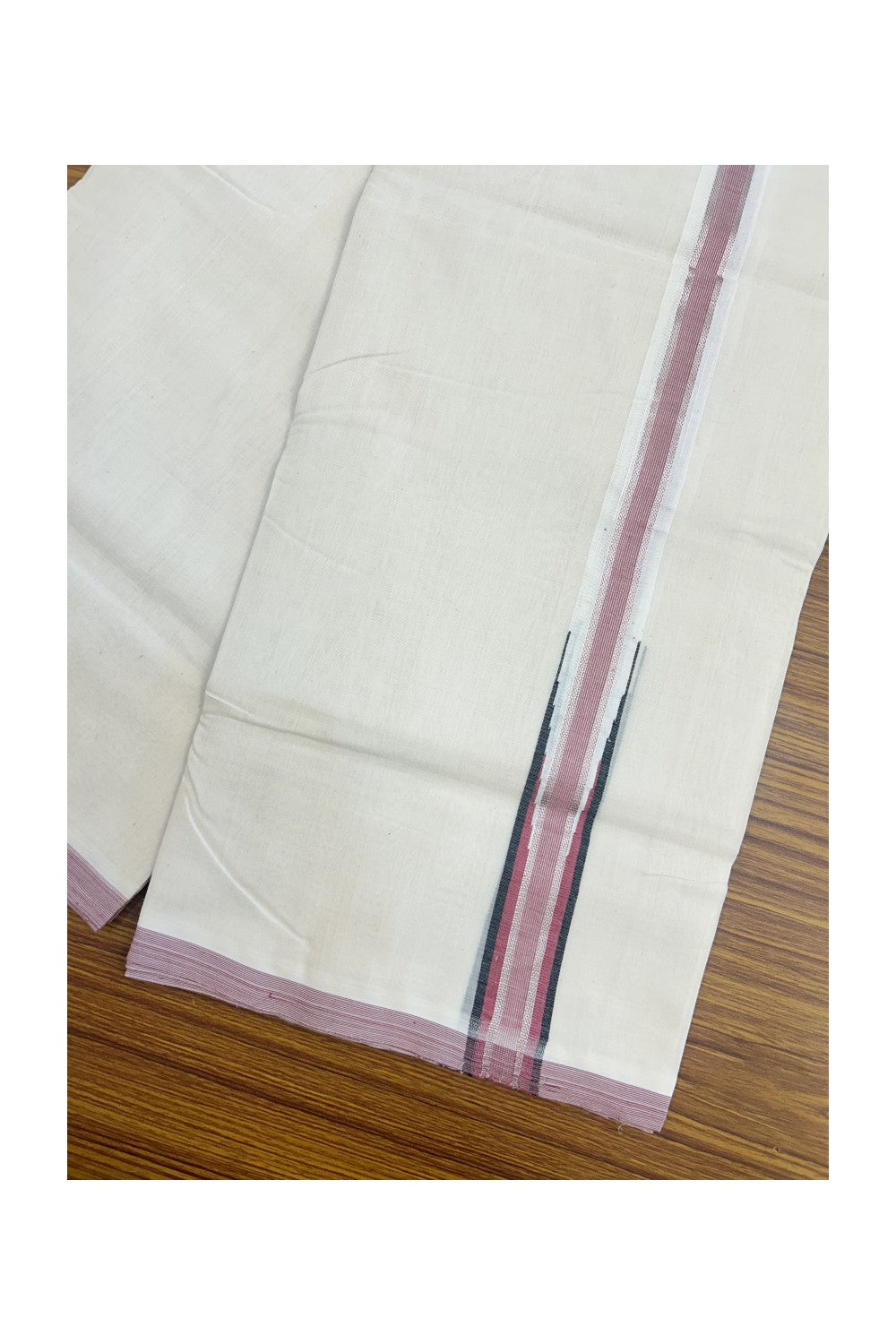25% DISCOUNT!! KaithariKada HANDLOOM MILPAAV Balaramapuram - 100% PURE Cotton OFF White Double - (Unbleached) Mundu/Dothi - 100x100 - 1.25 inch Silver Kasavu stripes Berry Pink & Black shaded chutty - 2KK5177RAM