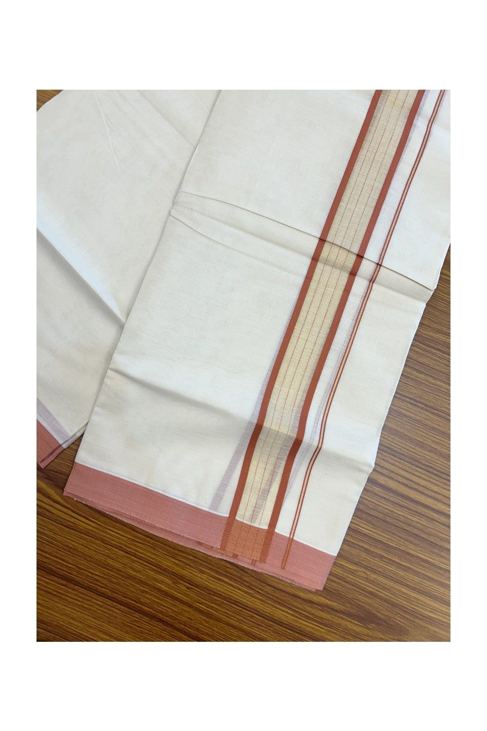 20% DISCOUNT! KaithariKada Balaramapuram Double OFF WHITE Mundu/Dhoti - 80x90 - 1.5 Inch Tissue Brick Orange striped Kara - 3KK5182VAS