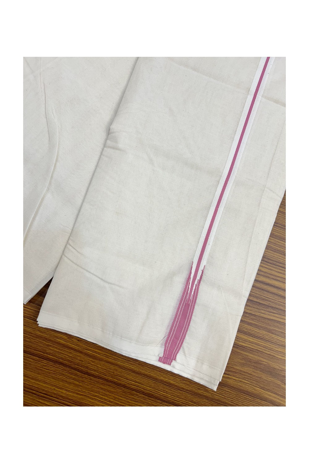 20%OFFER! KaithariKada Balaramapuram 100% Cotton Double OFF WHITE - (Unbleached) Mundu/Dhoti-100x100 - 0.75 inch Puliyilakkara Pink Striped Chutty Kara- 3KK5185ASH