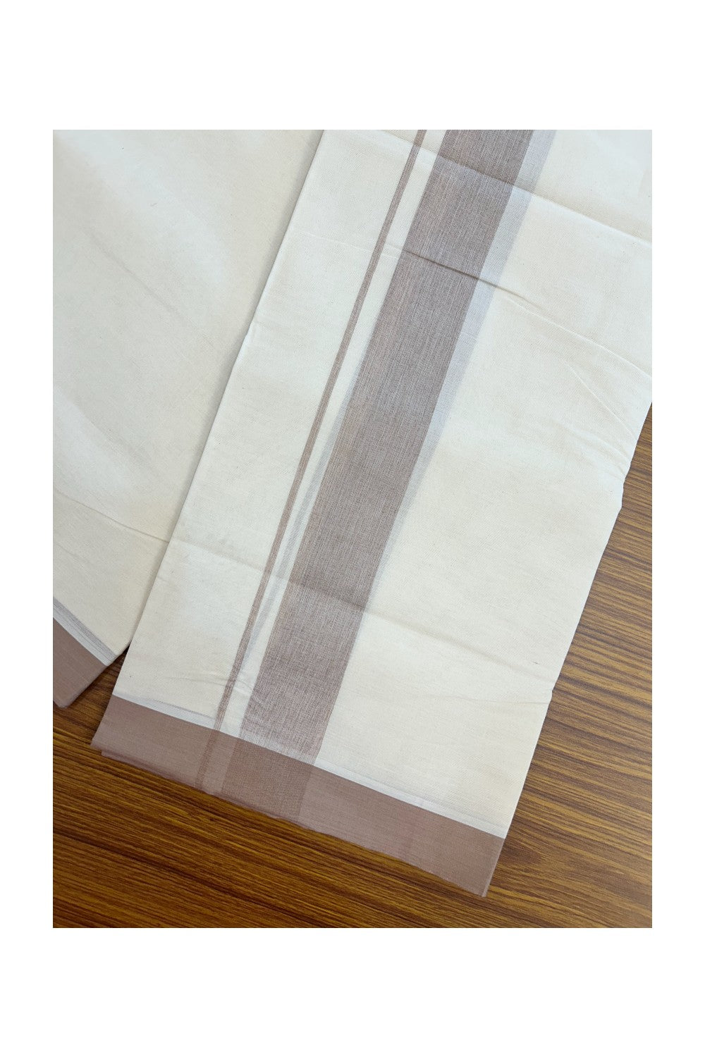 20% Discount ! Kaitharikada Balaramapuram 100% Cotton Double Off white (Unbleached) Mundu/Dhoti - 100x80 - 1.75 inch Sand Brown shaded Kara - 3KK5186CKS