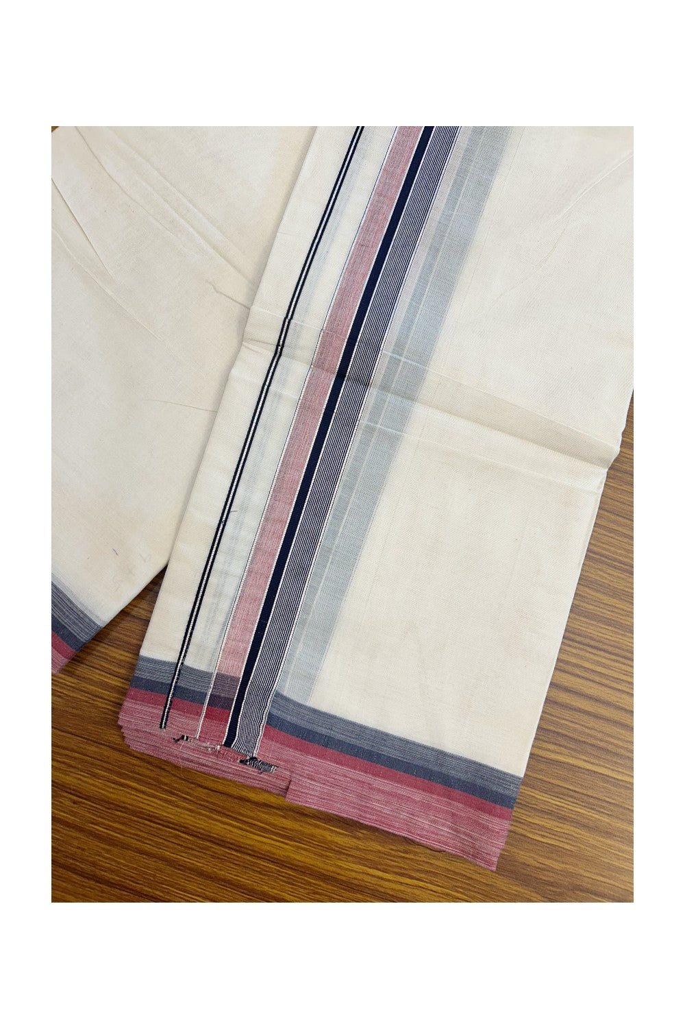 Panchakacham Dhoti - 20% DISCOUNT! KaithariKada Cotton OFF White - 100x80 thread- NORTH INDIAN ATTACHED GAMCHA - 9X5 Dhoti - 1.5 inch Silver Kasavu Navy Blue & Shaded Brick Red Stripes Kara - 3KK5189PMC