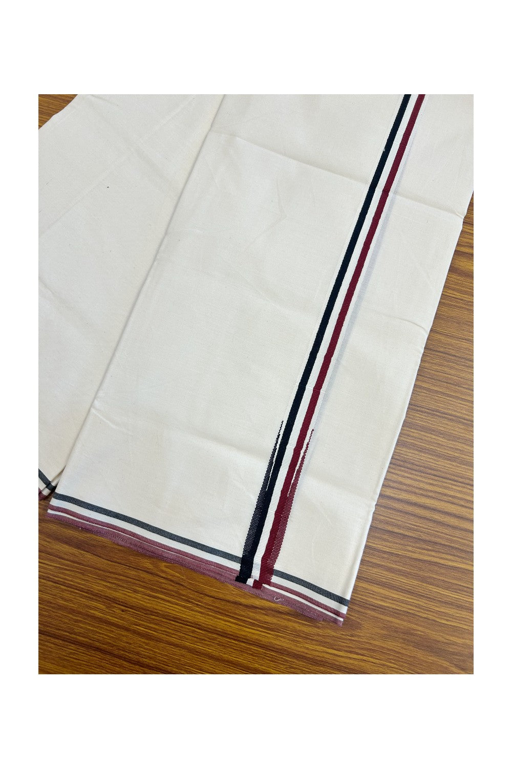 ADMK VESHTI - 24% DISCOUNT! KaithariKada 100% Cotton off white Single - (Unbleached) Mundu/Dhoti - 100X100 - 1 inch Black White & Maroon Chutty kara - 3KK5198ASH
