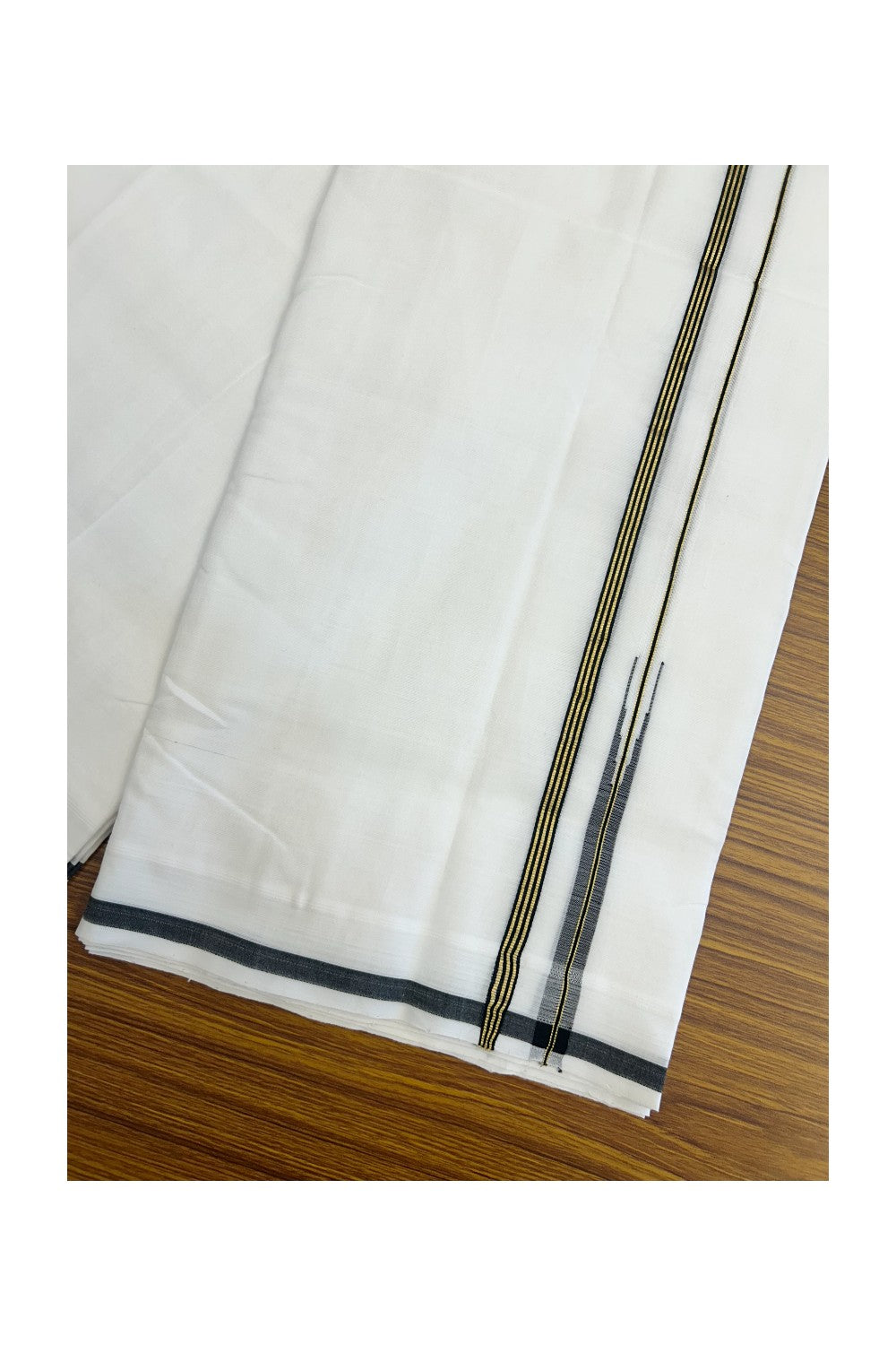 25% Discount!! NEW ULTRA PURE WHITE HANDLOOM Balaramapuram - 100% Mercerised Cotton Double Mundu/Dhoti - 120 twisted warp x 80s weft - 0.25 inch Puliyilakkara Black & Gold Kasavu Striped Chutty Kara- 3KK5200REA