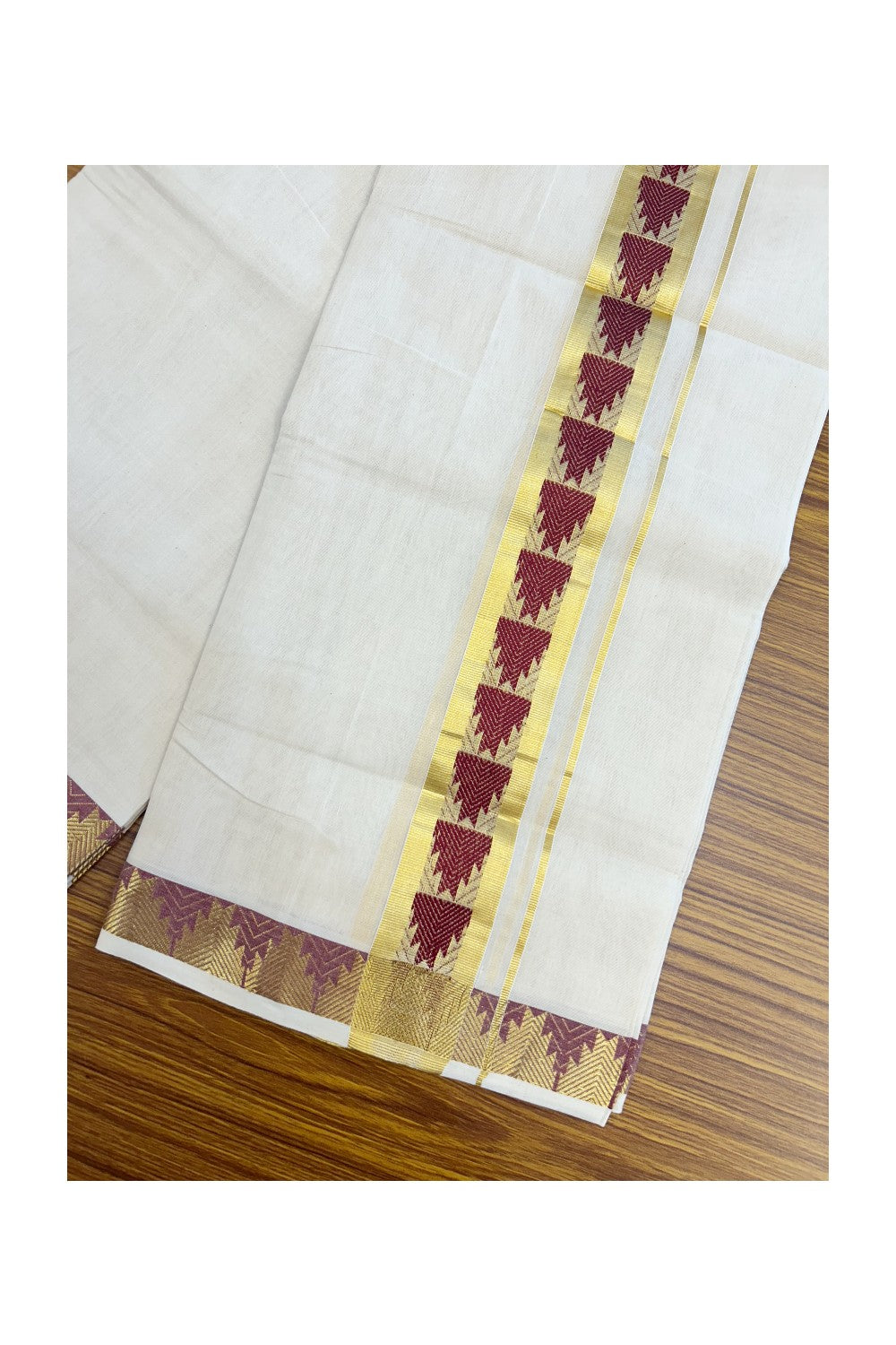 25% DISCOUNT ! KaithariKada HANDLOOM Unakkupaav Balaramapuram - 100% PURE Cotton Off White - (Unbleached) Double Mundu/Dhoti - 1.75 inch Gold Kasavu & Maroon Temple Jacquard Design Kara - 3KK5206 ABH