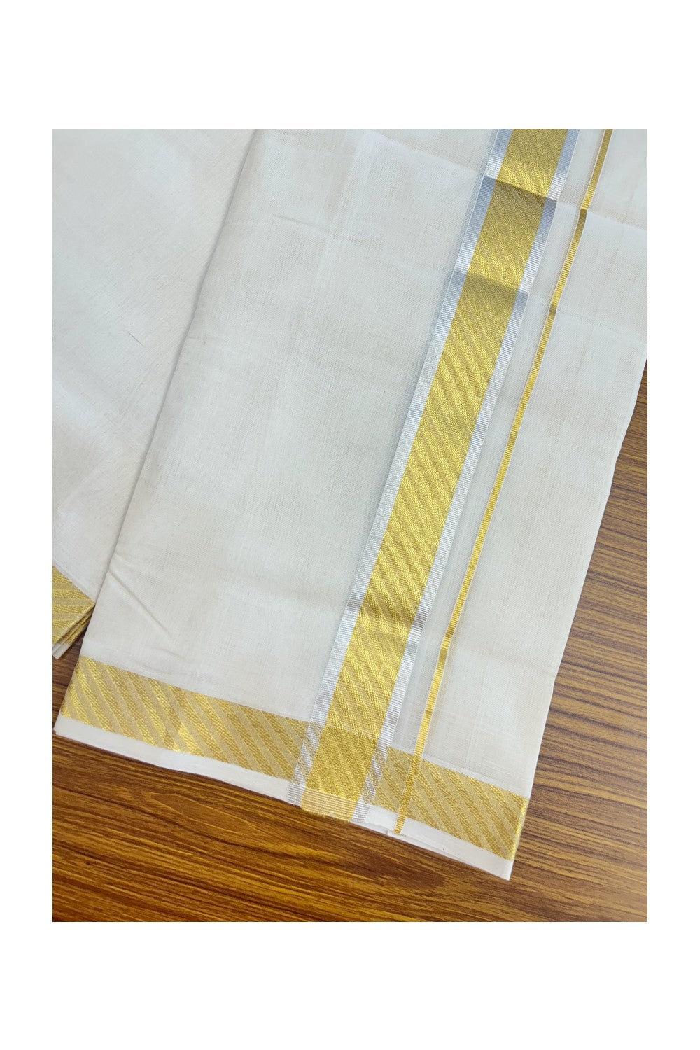 25% DISCOUNT ! KaithariKada HANDLOOM UNAKKUPAAV Balaramapuram - 100% PURE Cotton Off White - (Unbleached) Double Mundu/Dhoti - 1.75 inch Gold Kasavu & Silver Kasavu Striped Jacquard Design Kara - 3KK5208ABH