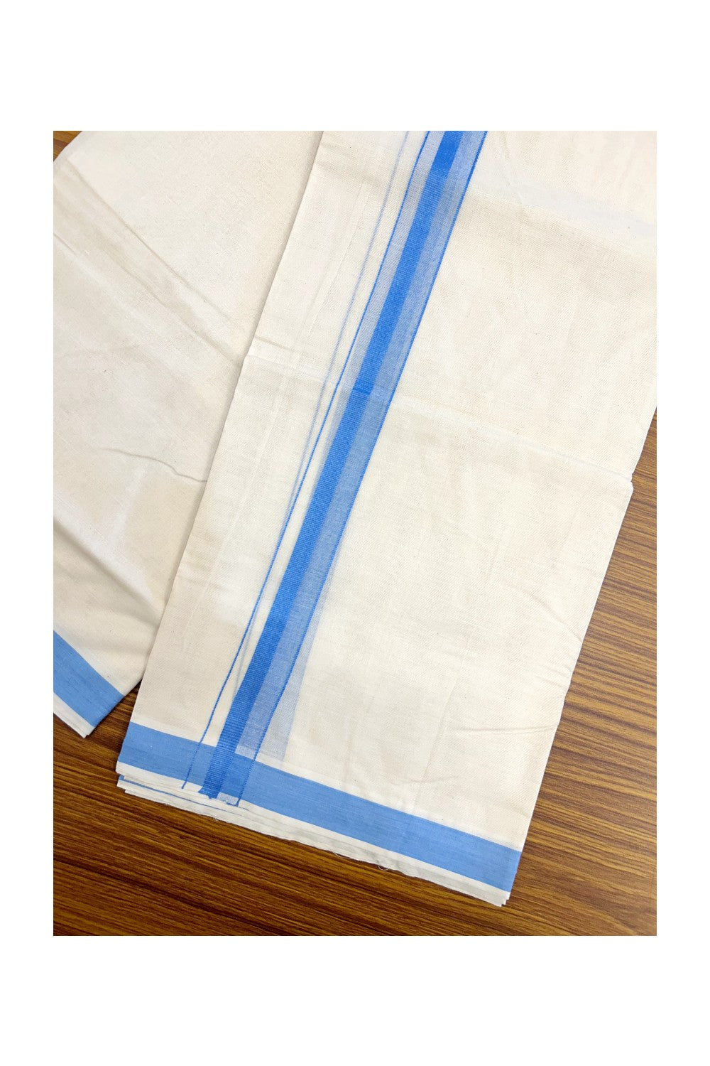 24% Discount ! KaithariKada Balaramapuram 100% Cotton Double OFF WHITE- (Unbleached) - Mundu / Dhoti- 100x80 - 1.5 inch Sky Blue Kara - 3KK5214 MC
