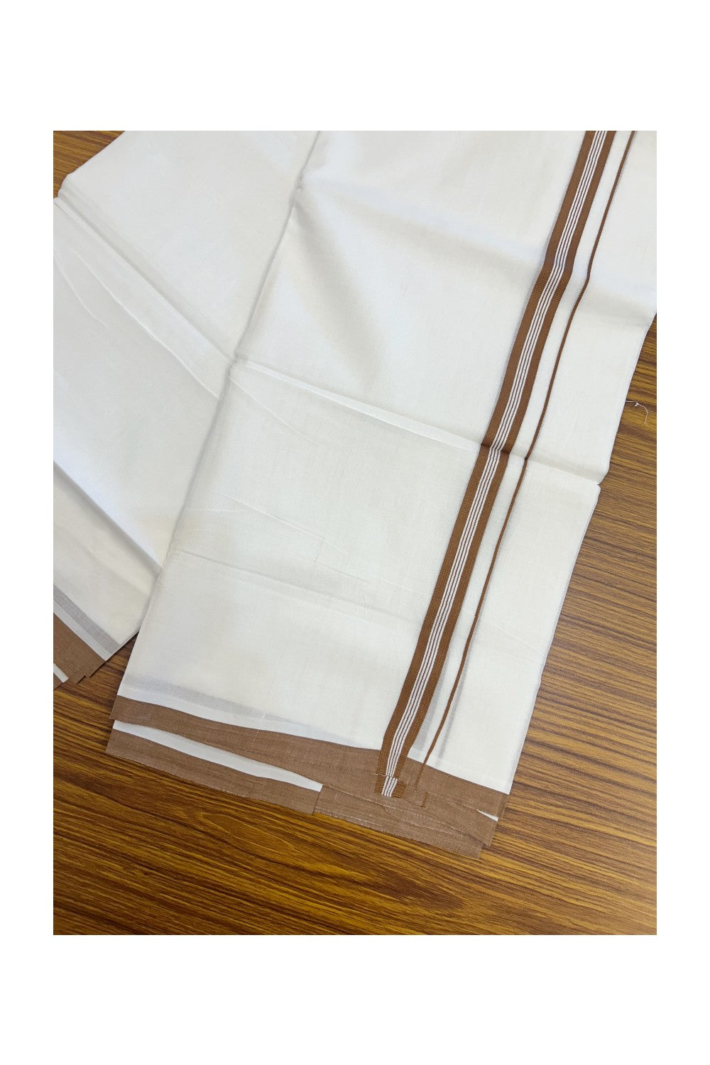 20% Discount ! Kaitharikada Balaramapuram 100% Cotton PURE WHITE Double Mundu/Dothi - 100x80 - 0.75 inch Brown Striped Kara - 3KK5217 CKS