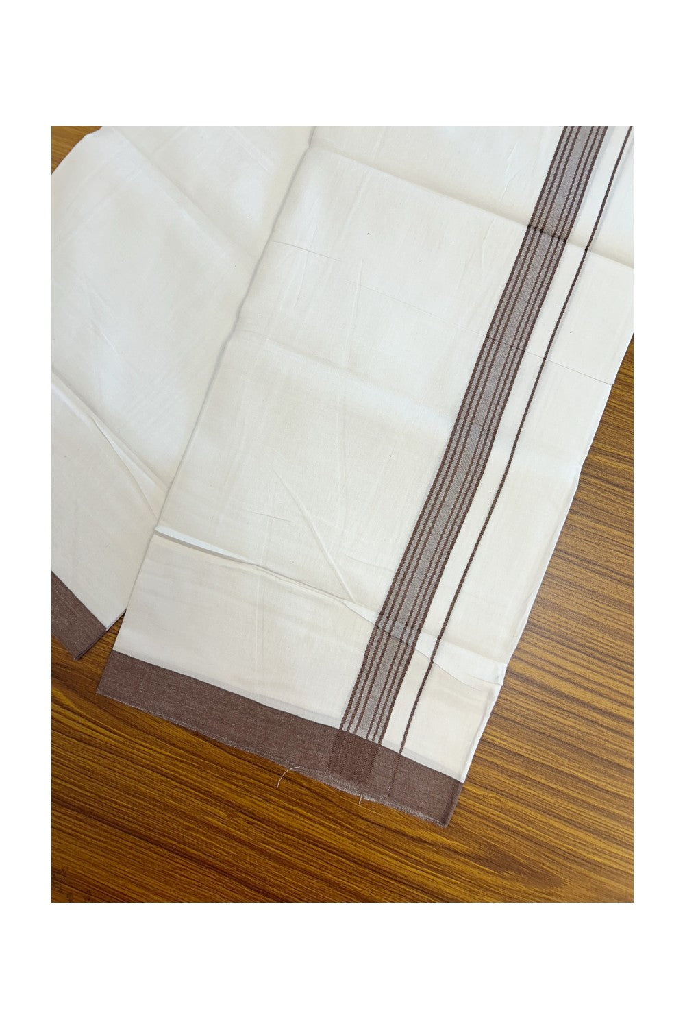 8% Discount ! Kaitharikada Balaramapuram 100% Cotton PURE WHITE SINGLE Mundu/Dothi - 40s - 1 inch Chocolate Brown Stripes Kara (2 meters / 4 muzham) - 3KK5220 THI