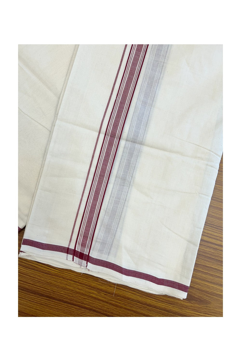 PREMIUM HANDLOOM-20% DISCOUNT! KaithariKada Cotton OFF White - 100x80 thread- NORTH INDIAN ATTACHED GAMCHA - 9X5 & 10X6 muzham Dhoti - 1.5 inch Maroon Border - 3KK5223VEL