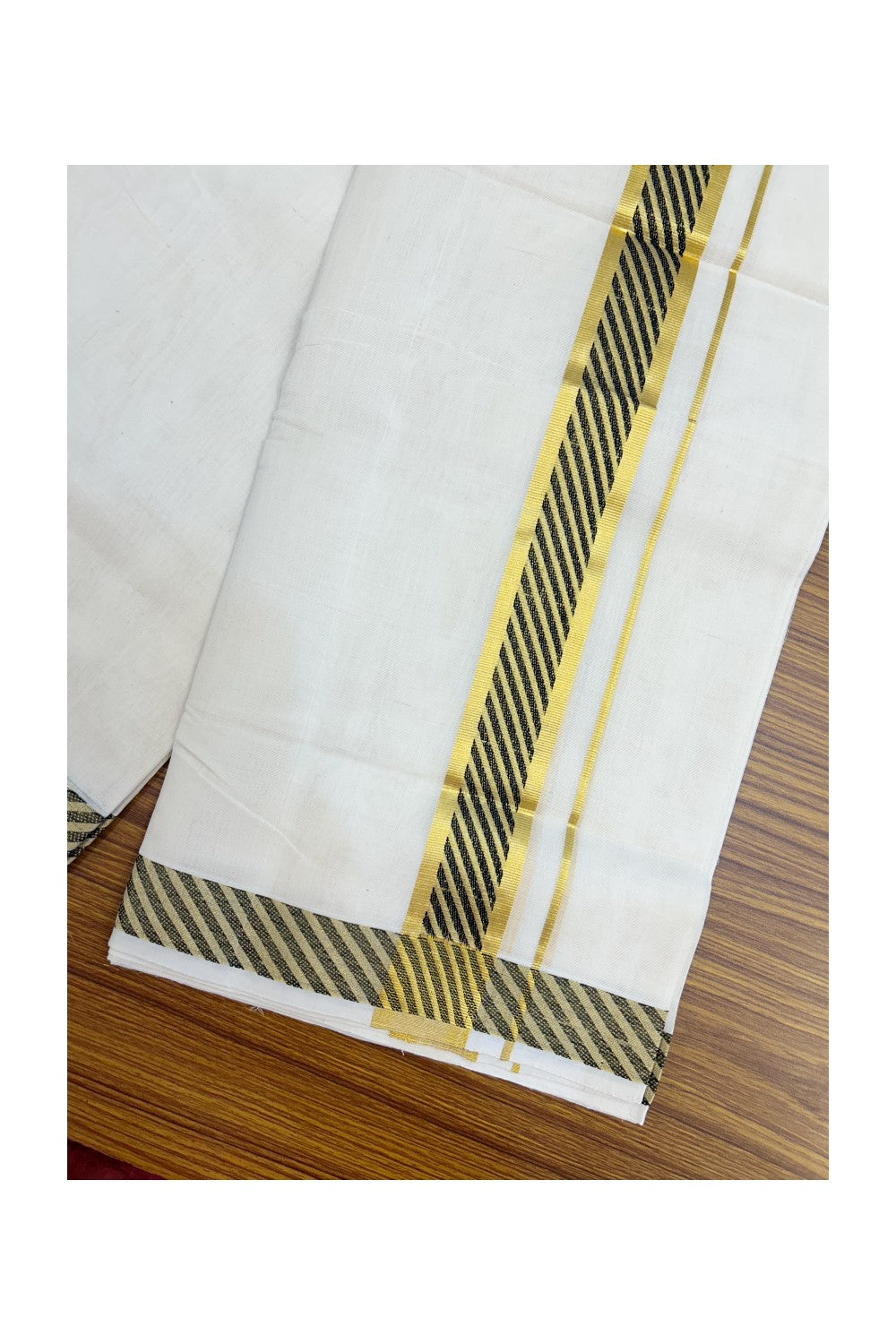 25% DISCOUNT ! KaithariKada HANDLOOM Unakkupaav Balaramapuram - 100% PURE Cotton OFF WHITE - (Unbleached) Double Mundu/Dhoti - 80x90 - 1.75 inch Gold Kasavu & Black Jacquard Design Kara 4 mtr (8.5 Muzham) - 2KK5231 ABH