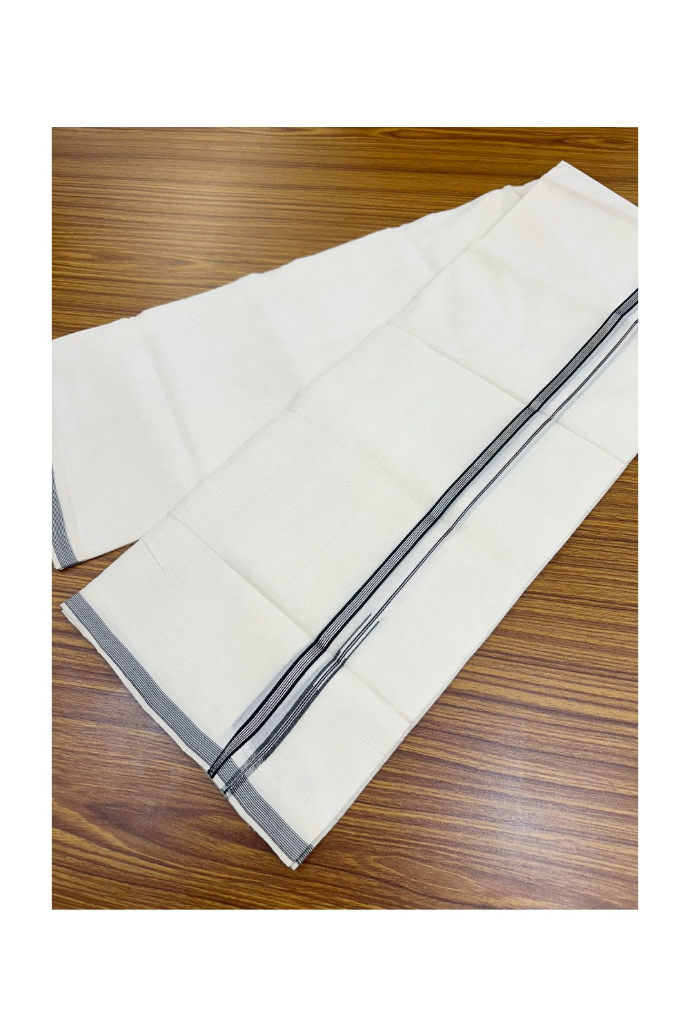 25% Discount!!! KaithariKada HANDLOOM UNAKKUPAAV Balaramapuram - 100% PURE Cotton OFF WHITE (Unbleached) Double Mundu/Dhoti - 80x90 - 1 cm Silver striped Black chutty kara 4 Mtr (8.5 Muzham) - 3KK5235 YAR