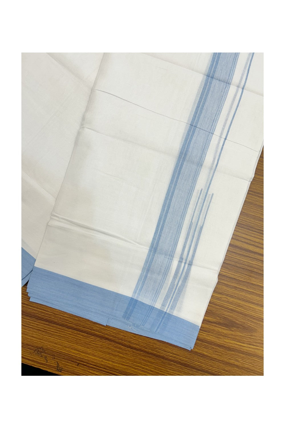 20% Discount!!! KaithariKada Balaramapuram Double PURE WHITE Mundu/Dhoti - (80s) - 1.5 inch puliyilakkara Light Sky Blue shaded Striped chutty Kara - 3.86 mtr ( 8 muzham)- 3KK5239 GAN