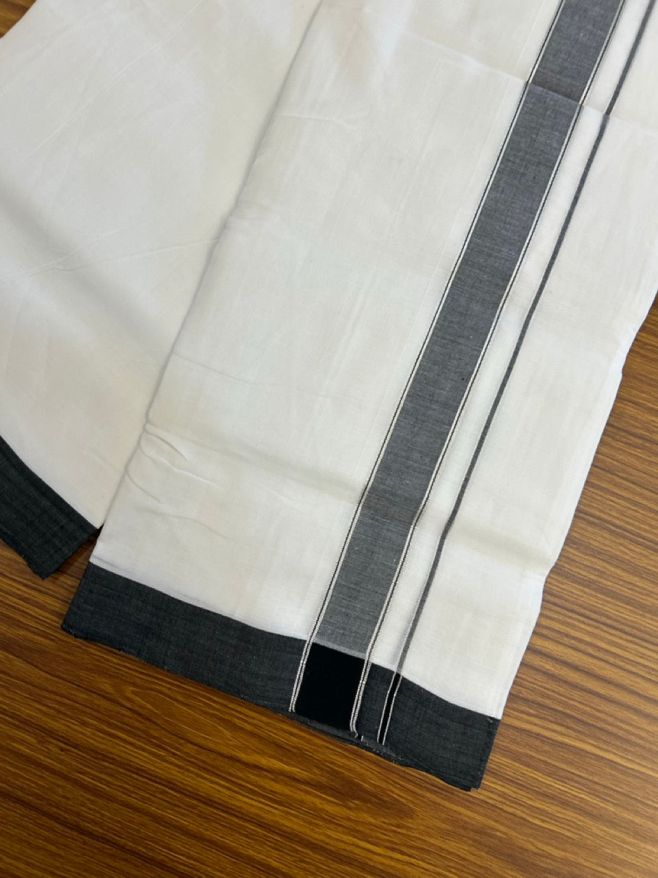 25% Discount!! NEW ULTRA PURE WHITE HANDLOOM Balaramapuram - 100% MERCERISED Cotton Double Mundu/Dhoti - 120 twisted warp x 80s weft - Black & Silver Kasav Kara- 3KK5248 REA