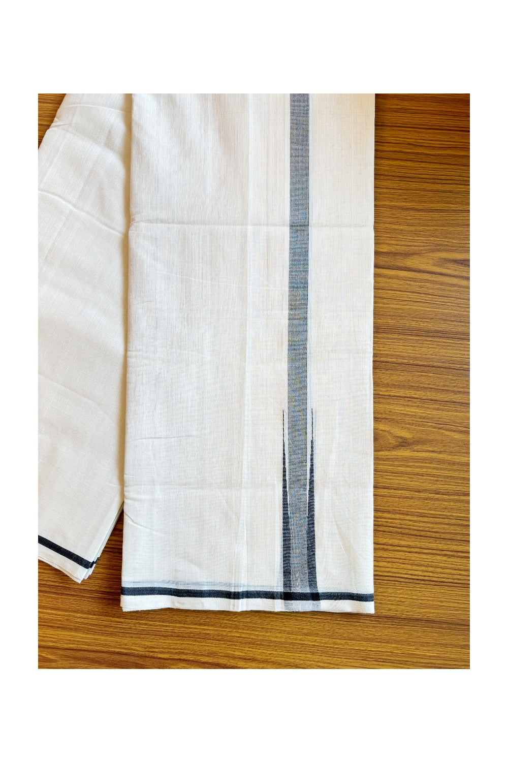 25% Discount!! KaithariKada Handloom Unakkupaav Balaramapuram - 100% Pure Cotton Off White (Unbleached) Double Mund/Dhoti- Silver Kasav Black Stripes Chutty Puliyilakkara-3KK59RAM