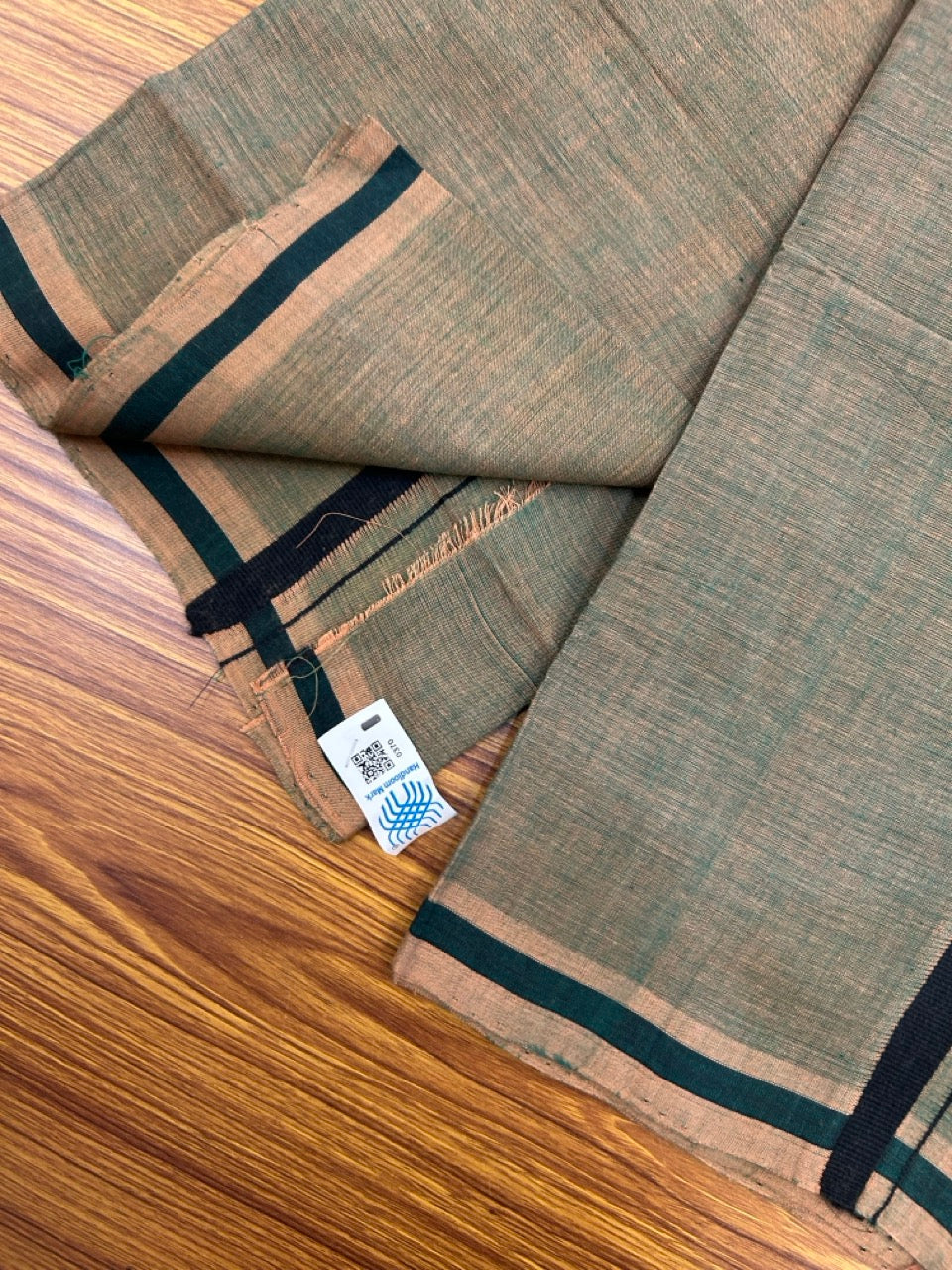 Handloom Single Hallmarked - 10% Discount !! KaithariKada 100% Pure Cotton - Mundu/Dhoti Sage Green Body Black 0.5 inch Kara- (2 meter / 4 muzham)- 3 KK8030 ELA