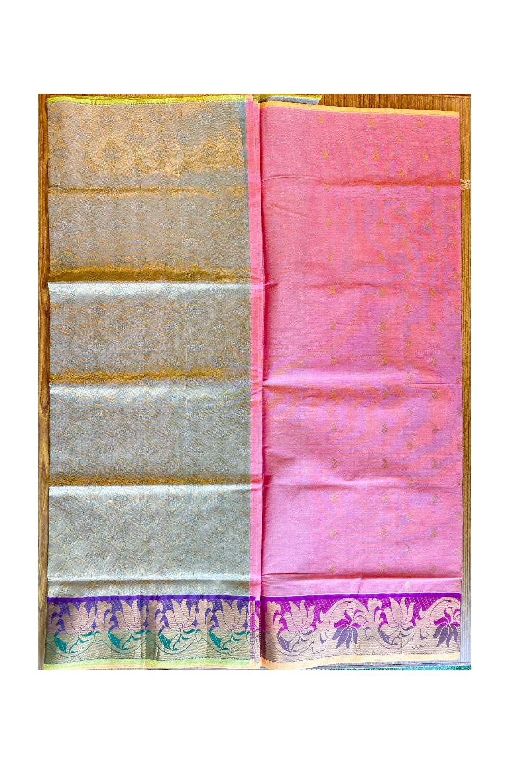 KaithariKada- Balaramapuram Saree - 100% PURE Cotton Silk -Orange Pink ,Violet & Green Design -3KK1005PAN.