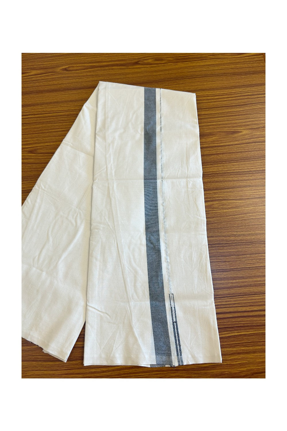 30% DISCOUNT ! KaithariKada Balaramapuram 100% COTTON SINGLE OFF WHITE (Unbleached) Mundu/Dhoti-Twisted 100s Thread- 1.25inch Ash Black & Silver Kasav Chutty (2 meter / 4 muzham) -3KK455ASH