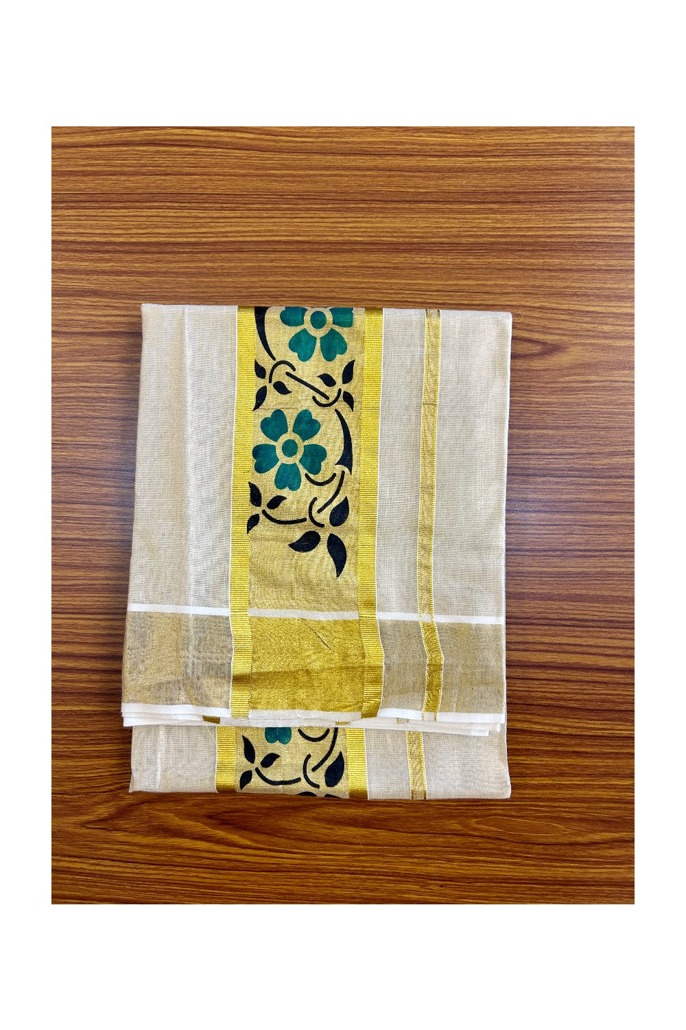 30% Discount!! KaithariKada - Kerala Tissue Single Set Mundu -EXTRA LENGTH - Kasavu Printed Kara with Green Flower Design - 3KK471CKA