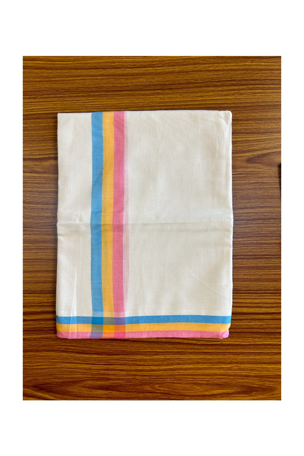 15% Discount!! KaithariKada - Kerala Cotton SINGLE SET MUND FOR WOMEN - EXTRA LENGTH -Blue, Yellow & Pink Stripes Mulloth Kara- 3KK472CKA