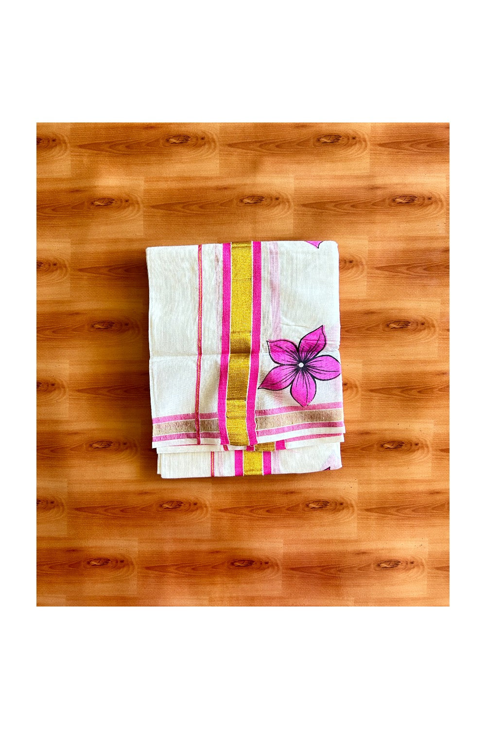 22% Discount!! KaithariKada - Kerala Cotton SINGLE SET MUND FOR WOMEN - Kasavu Kara with Pink Flower Design - 3KK495VIN