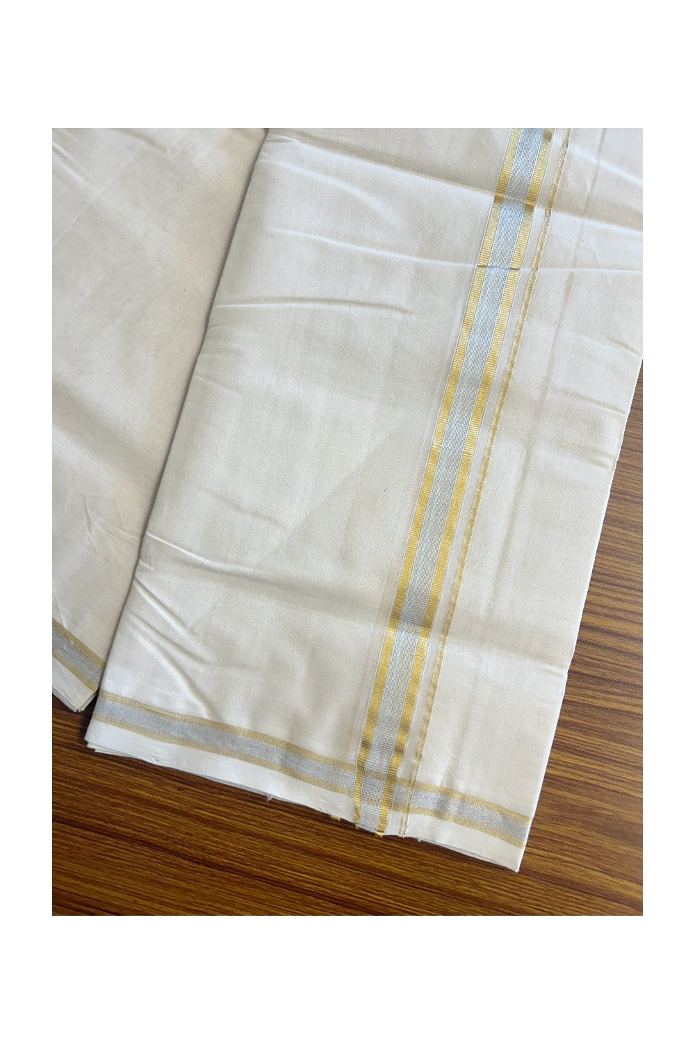 25% DISCOUNT ! KaithariKada HANDLOOM Millpaav Balaramapuram - 100% PURE Cotton Off White - (Unbleached) Double Mundu/Dhoti - 1.25 inch Gold Kasavu & Silver Kasavu Kara - 3KK5149RAM