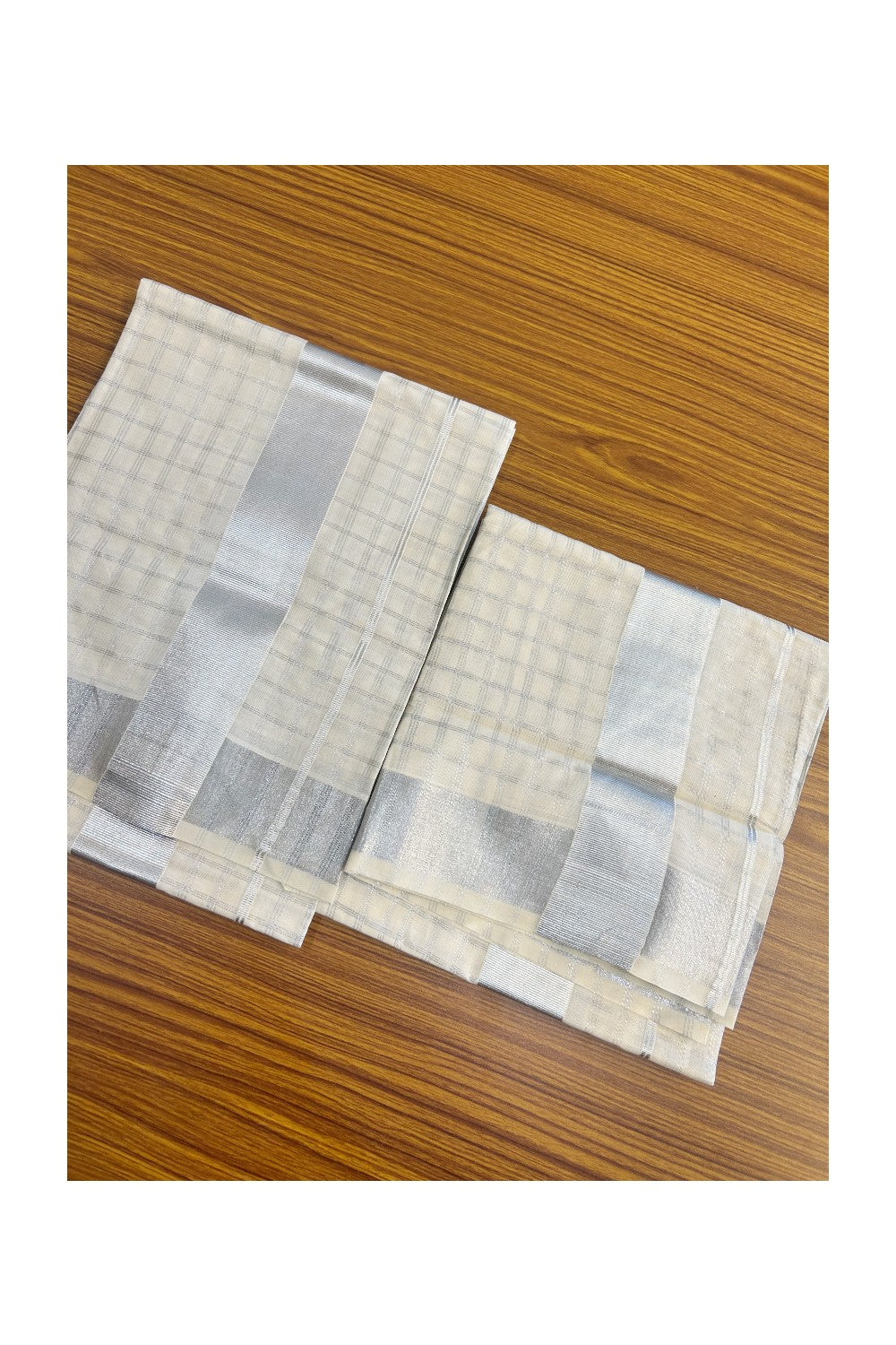 25% Discount!! KaithariKada - Kerala Pure Cotton OFF WHITE SINGLE SET MUND FOR WOMEN - EXTRA LENGTH - Check Silver Kasavu Big Kara - 3KK5152PMC