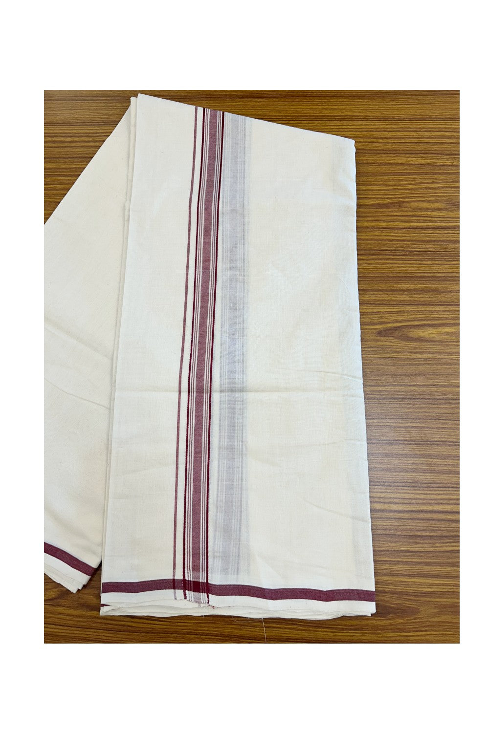 PREMIUM HANDLOOM-20% DISCOUNT! KaithariKada Cotton OFF White - 100x80 thread- NORTH INDIAN ATTACHED GAMCHA - 9X5 & 10X6 muzham Dhoti - 1.5 inch Maroon Border - 3KK5223VEL