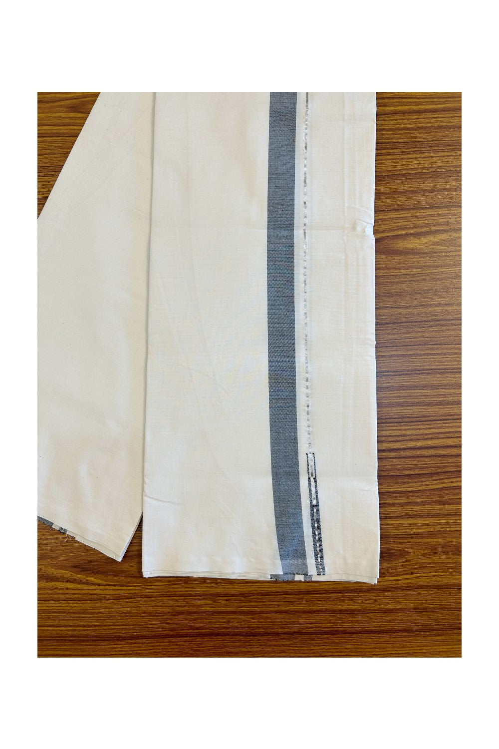 30% DISCOUNT ! KaithariKada Balaramapuram 100% COTTON SINGLE OFF WHITE (Unbleached) Mundu/Dhoti-Twisted 100s Thread- 1.25inch Ash Black & Silver Kasav Chutty (2 meter / 4 muzham) -3KK455ASH