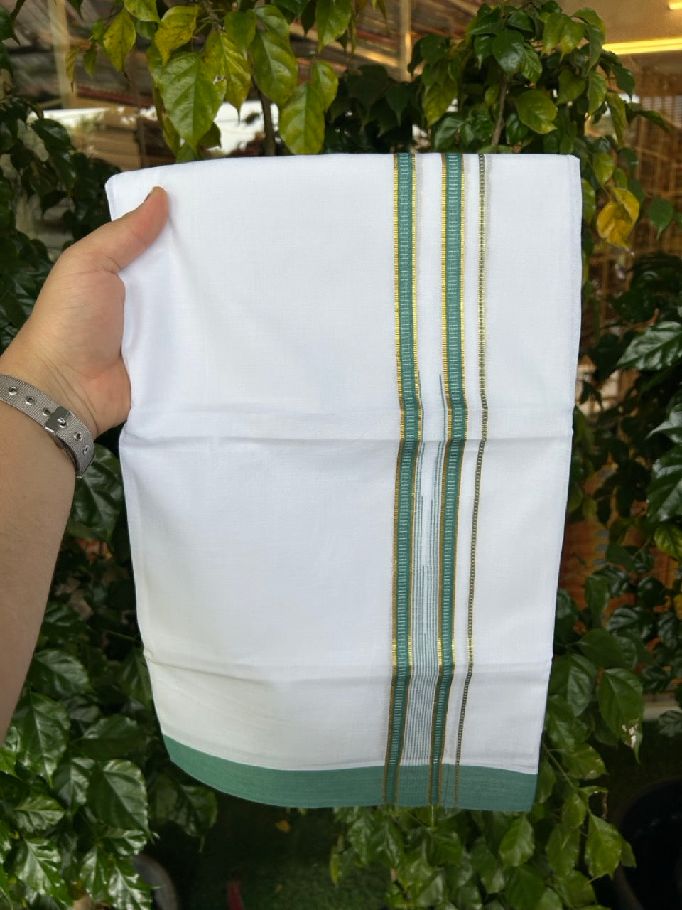 24% Discount! KaithariKada Balaramapuram 100% Cotton Pure white Double Mundu/Dhoti - (100x80)s - 1.5 inch Puliyilakkara Green Stripes Chutty Gold Kasav - 30 KK5258 THI