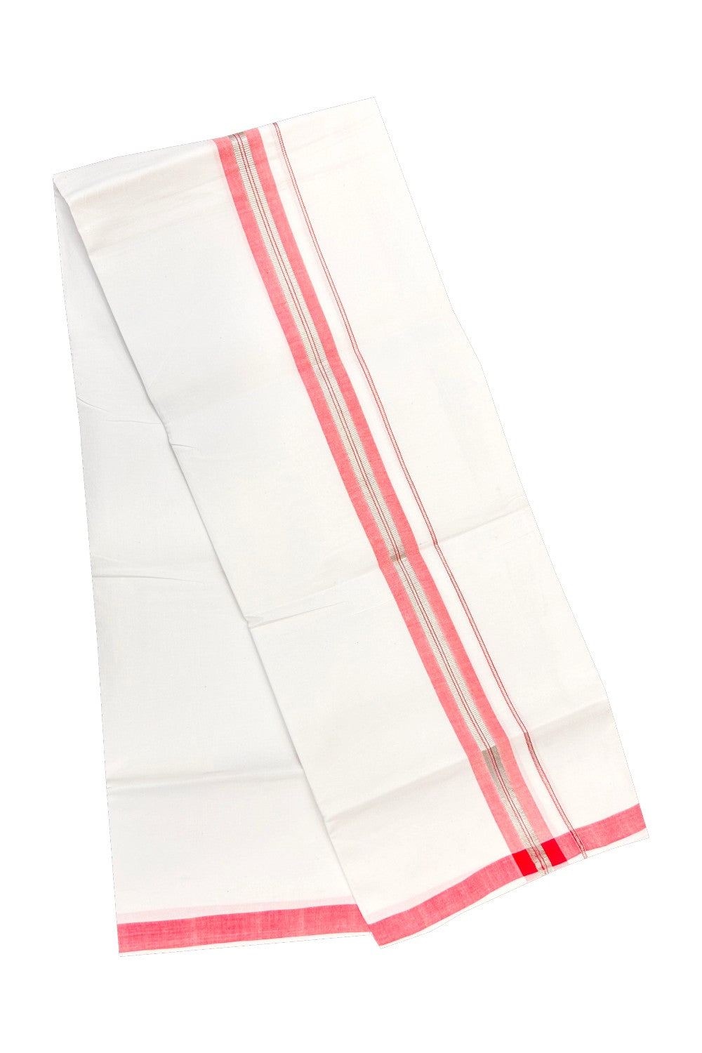 30% OFFER! KaithariKada 100% Cotton Balaramapuram HANDLOOM Single PURE WHITE Mundu/Dhoti - 2inch (2 meter / 4 muzham) Pink Silver Kasavu Kara & Stripes Design - 30KAI.