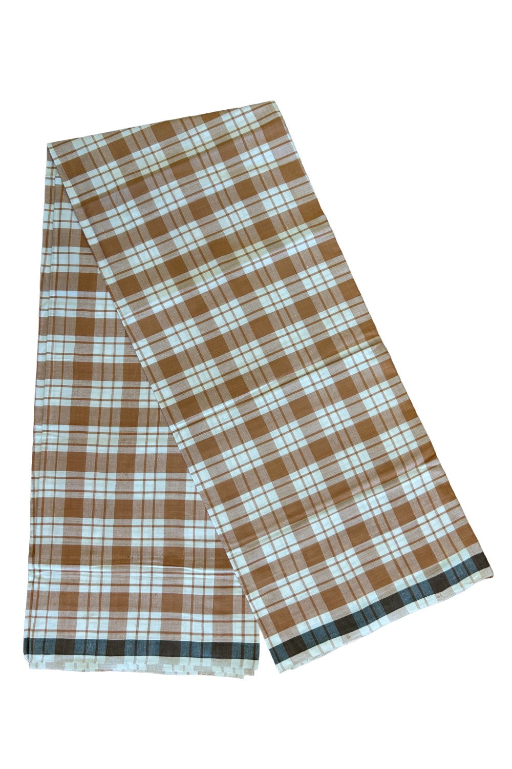 10% DISCOUNT ! KaithariKada Kalamachal 100% Pure Cotton -(80X80) Twisted Thread Handloom Single Mundu/Dhoti - Brown Check COLOUR BODY & White striped Kara- 30KK479KAL