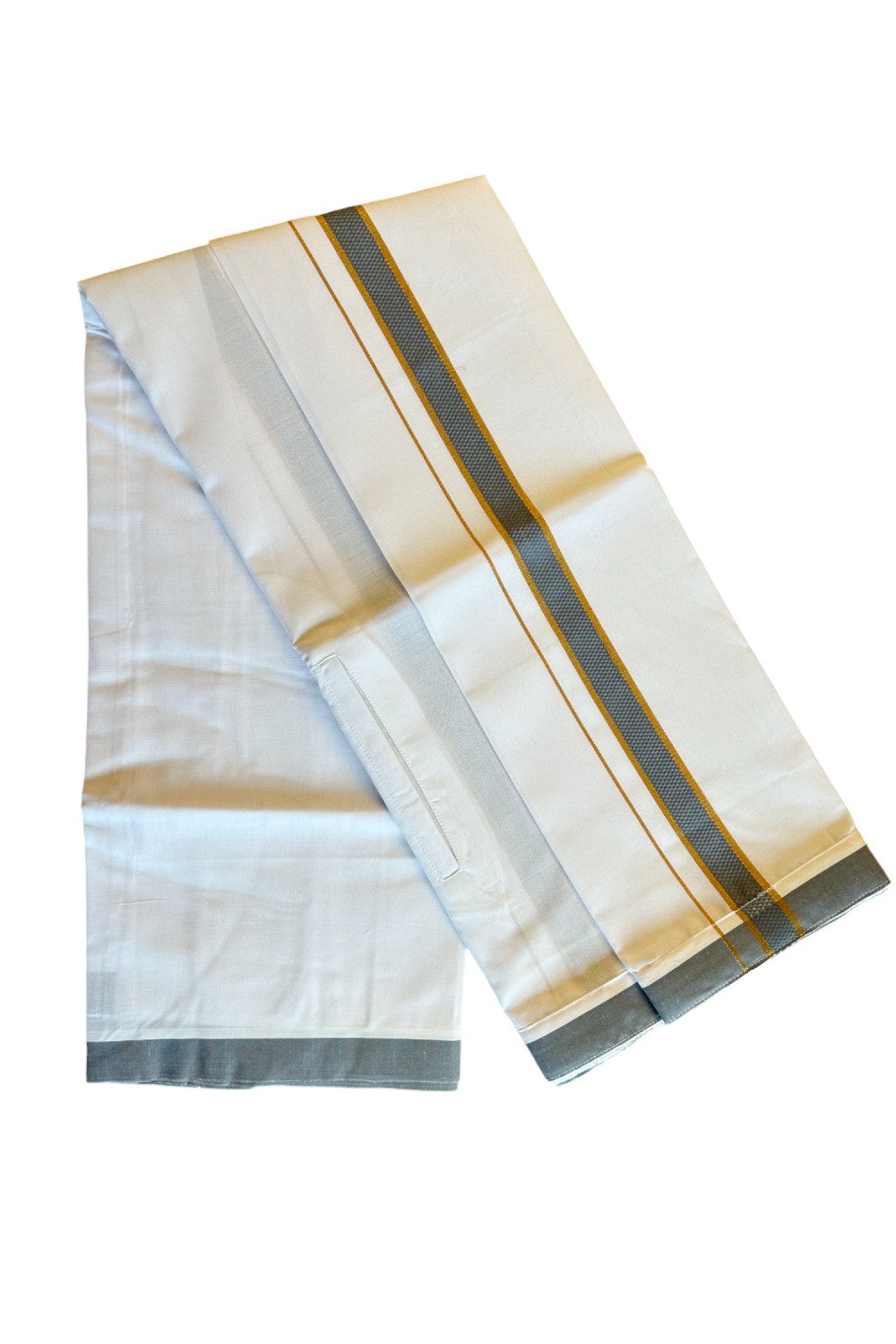 KaithariKada Balaramapuram COTTON SINGLE PURE WHITE VELCRO Mundu/Dhoti - 1.75inch Ash Grey & Kasavu kara (2 metre / 4 muzham) - 30KK485SRI