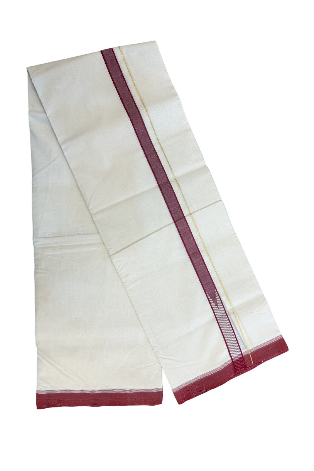25% DISCOUNT!! KaithariKada HANDLOOM UNAKKUPAAV Balaramapuram - 100% PURE Cotton OFF White - (Unbleached) Double Mundu/Dothi - 100x100 - PURE KASAVU 2 cm Red & White striped chutty 3.80 meter (8.5 Muzham) - 25KK5167REA