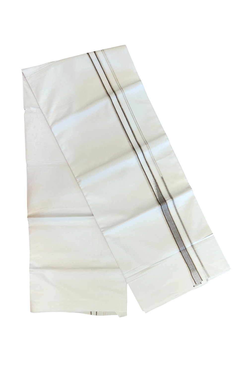 20% Discount ! Kaitharikada Balaramapuram 100% Cotton PURE WHITE Double Mundu/Dothi - 100x80 - 0.75 inch Silver Kasavu & Brown Side Striped chutty kara - 30KK5183VIN