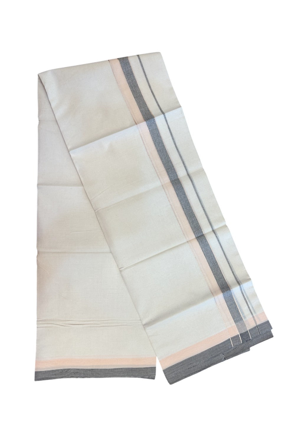 20% DISCOUNT !! KaithariKada Balaramapuram 100% Pure Cotton Double Off white - (Unbleached) Mundu/Dhoti-100x100 - 1.5 inch Puliyilakkara Silver Kasavu Light Peach & Grey Shaded Stripes Kara - 29KK5186CKS