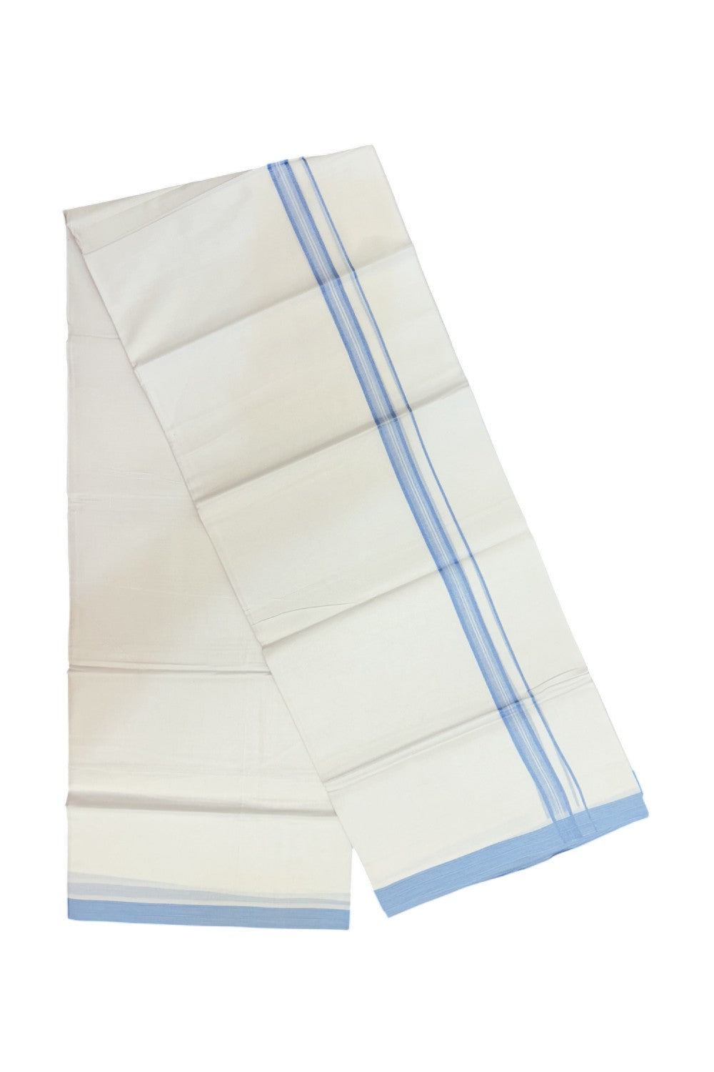 20% Discount!!! KaithariKada Balaramapuram DOUBLE PURE WHITE Mundu/Dhoti - 100X80 - 0.75 inch Bright Blue Striped & Shaded Designer Kara - 30KK5191CKS