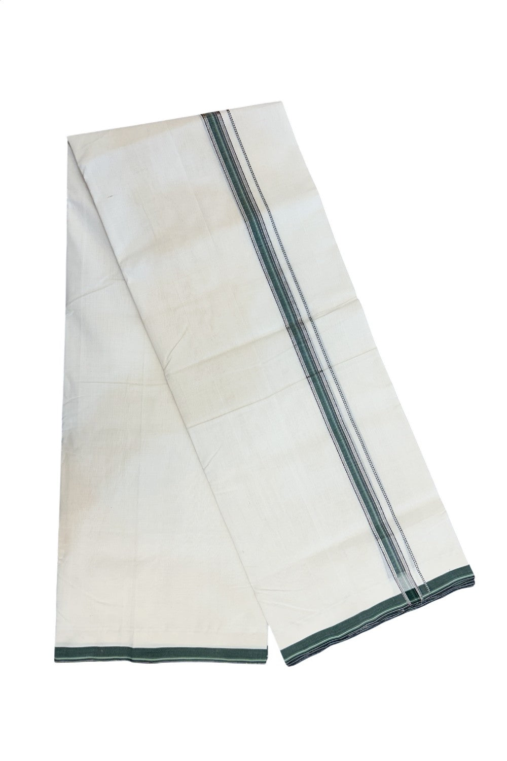 25% DISCOUNT!! KaithariKada HANDLOOM UNAKKUPAAV Balaramapuram - 100% PURE Cotton OFF White - (Unbleached) Double Mundu/Dothi - 80x100 - 0.75 inch Silver Kasavu Black & Green Striped Kara- 30KK5209 REA