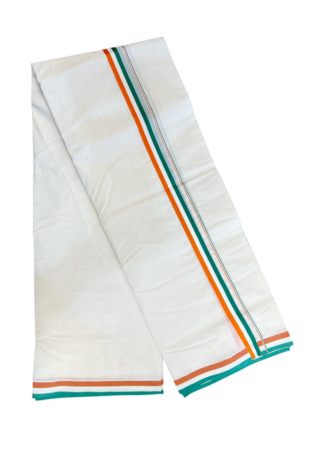 CONGRESS VESHTI - 20% DISCOUNT! KaithariKada 100% Cotton off white Double - (Unbleached) Mundu/Dhoti - 100X80 - 1 inch Orange White & Green Kara - 30KK5218ASH
