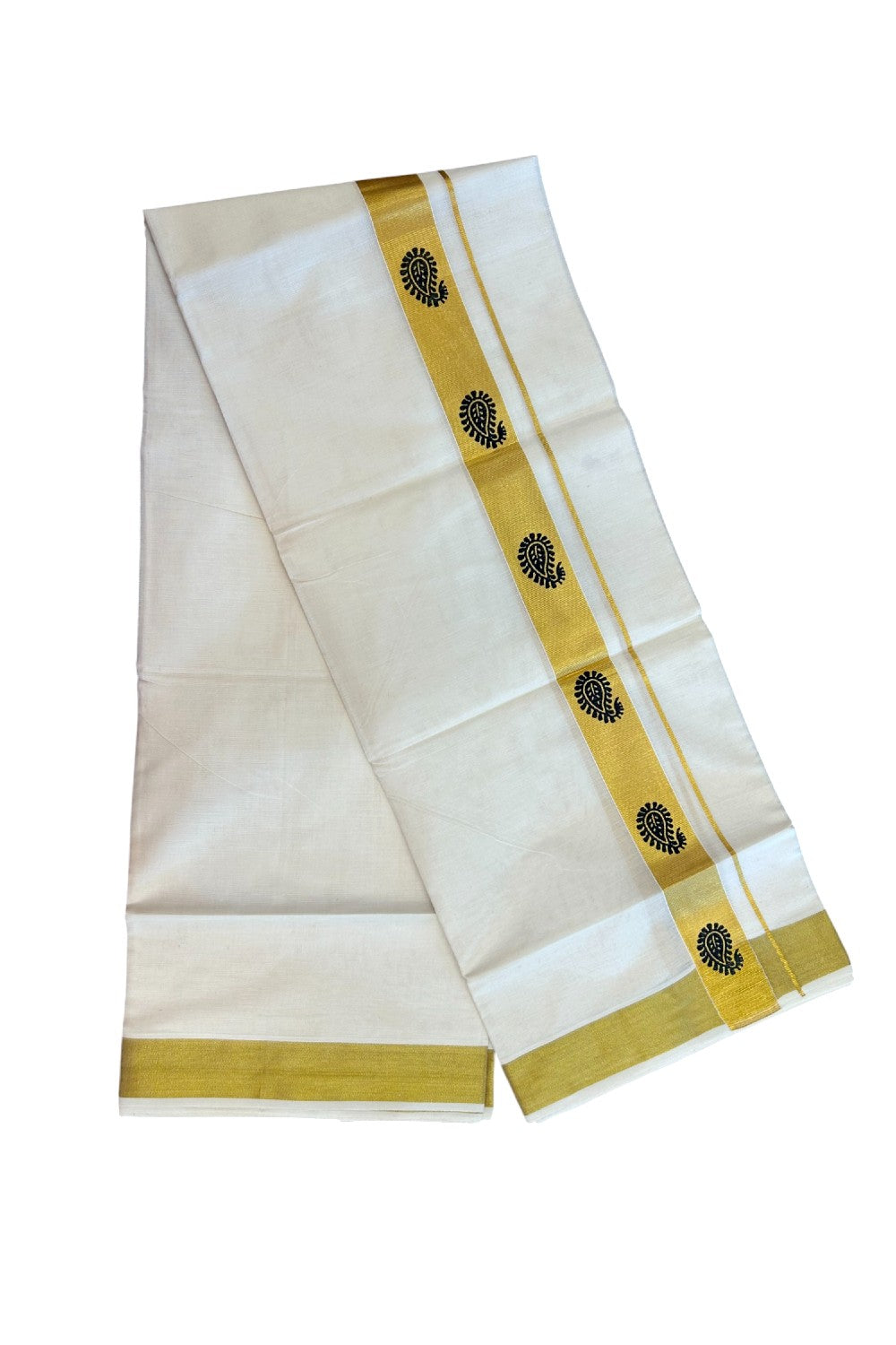 22% Discount!! KaithariKada Balaramapuram 100% Cotton DOUBLE OFF WHITE - (Ubleached) Mundu/Dhoti - 80x90 - 1.5 inch Gold Kasavu with Black Mango Printed Design Kara - 30KK5219 GAN