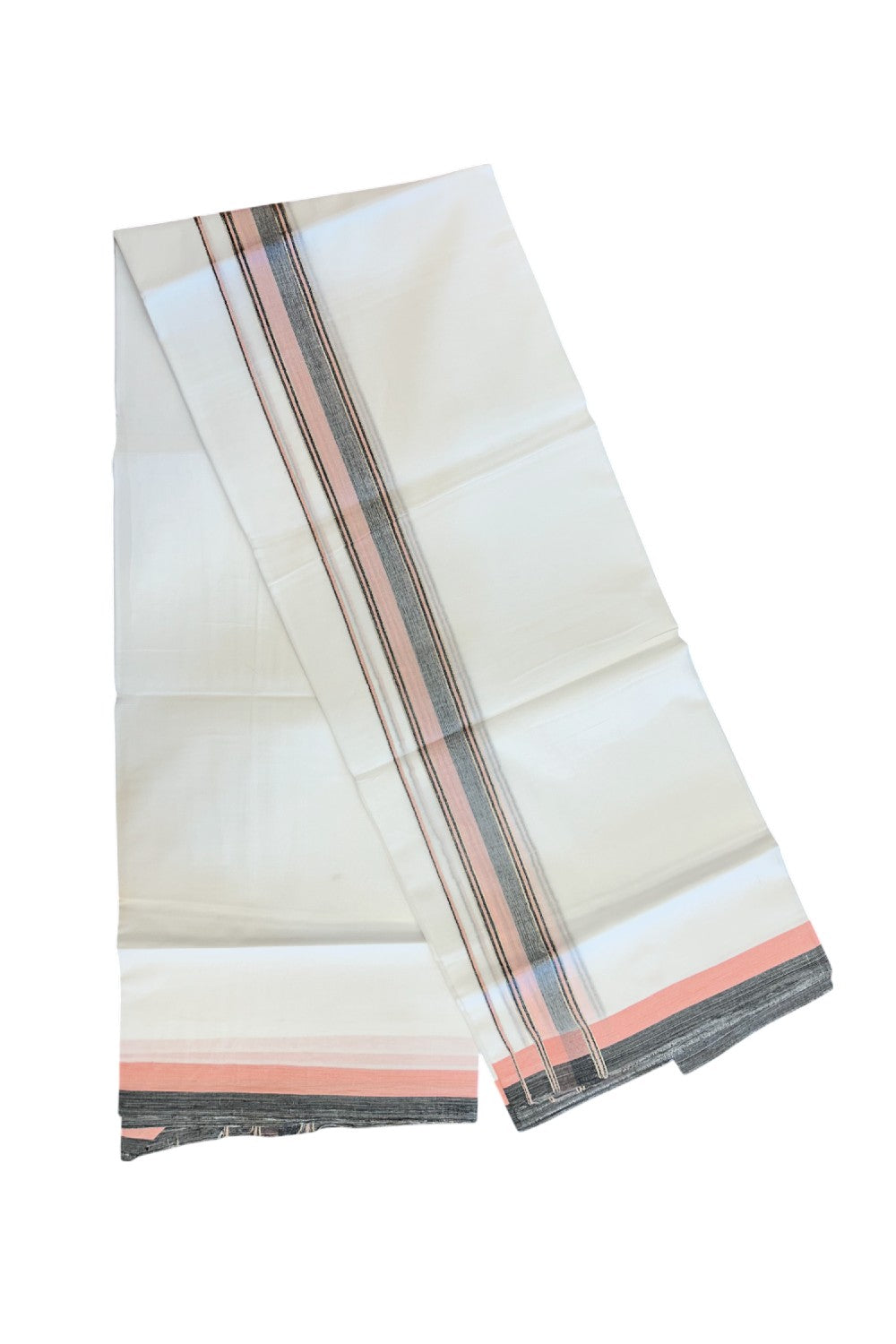 20% DISCOUNT! KaithariKada Balaramapuram 100% Cotton Double Pure white Mundu/Dhoti- 100x80 - 1.75 inch Silver Kasavu Black & Baby Pink Shaded Striped Kara - 3.84mtr ( 8 muzham) - 30KK5227 PMC