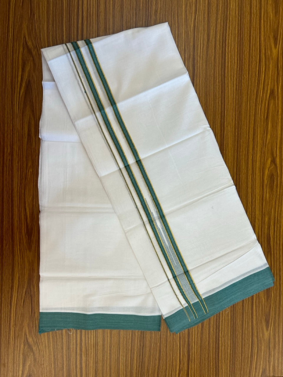 24% Discount! KaithariKada Balaramapuram 100% Cotton Pure white Double Mundu/Dhoti - (100x80)s - 1.5 inch Puliyilakkara Green Stripes Chutty Gold Kasav - 30 KK5258 THI