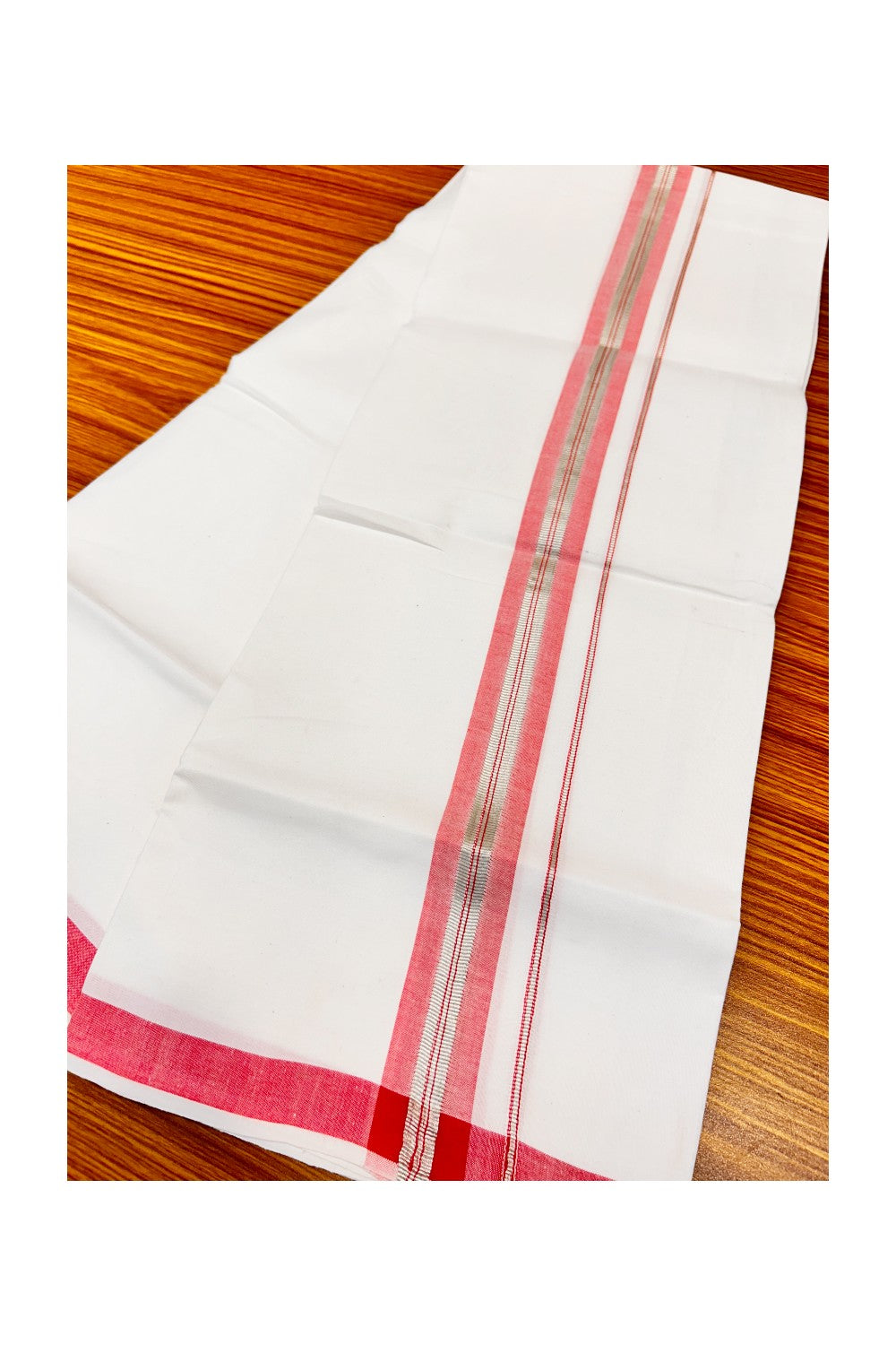 30% OFFER! KaithariKada 100% Cotton Balaramapuram HANDLOOM Single PURE WHITE Mundu/Dhoti - 2inch (2 meter / 4 muzham) Pink Silver Kasavu Kara & Stripes Design - 30KAI.