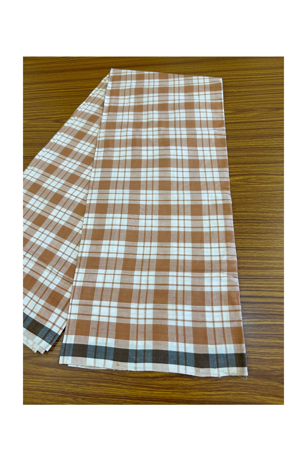 10% DISCOUNT ! KaithariKada Kalamachal 100% Pure Cotton -(80X80) Twisted Thread Handloom Single Mundu/Dhoti - Brown Check COLOUR BODY & White striped Kara- 30KK479KAL