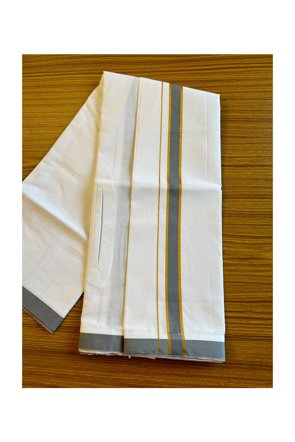 KaithariKada Balaramapuram COTTON SINGLE PURE WHITE VELCRO Mundu/Dhoti - 1.75inch Ash Grey & Kasavu kara (2 metre / 4 muzham) - 30KK485SRI