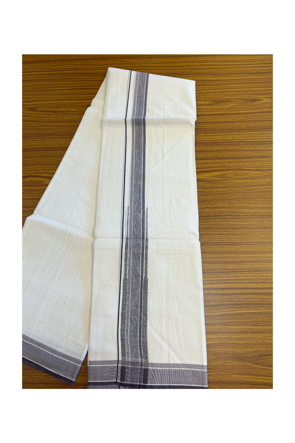 20% Discount!! Kaitharikada Balaramapuram 100% Cotton Pure White Double Mundu/Dhoti-80X90 - 1.75 Inch Wine Purple & Black Striped Chutty Kara 3.70m (8 Muzham) - 49KK5115THI