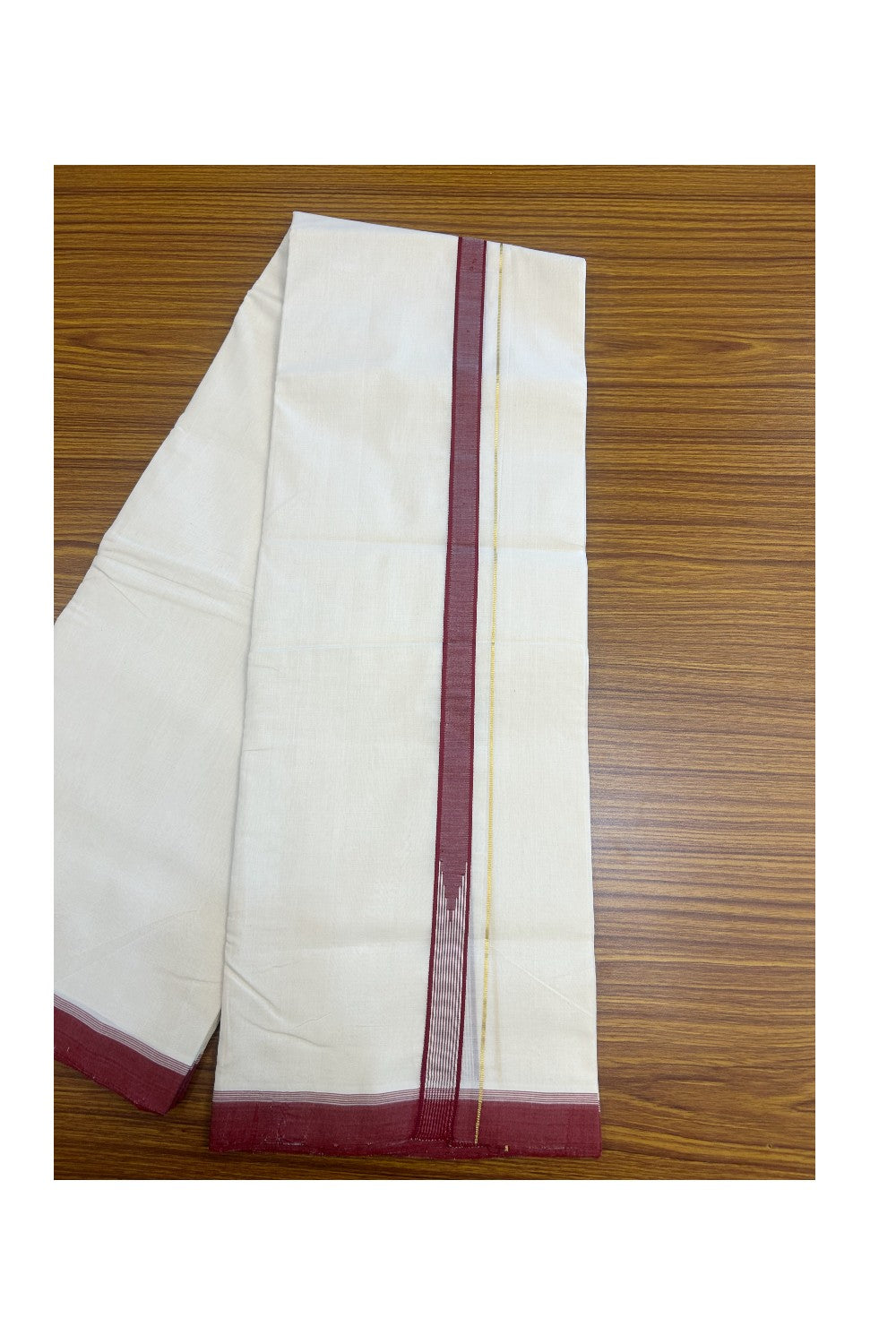 25% DISCOUNT!! KaithariKada HANDLOOM UNAKKUPAAV Balaramapuram - 100% PURE Cotton OFF White - (Unbleached) Double Mundu/Dothi - 100x100 - PURE KASAVU 2 cm Red & White striped chutty 3.80 meter (8.5 Muzham) - 25KK5167REA